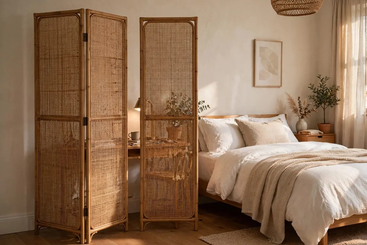 25 Bedroom Office Ideas That Keep Work Out of Sight 11 Folding room divider screen hiding a desk area in a bedroom corner