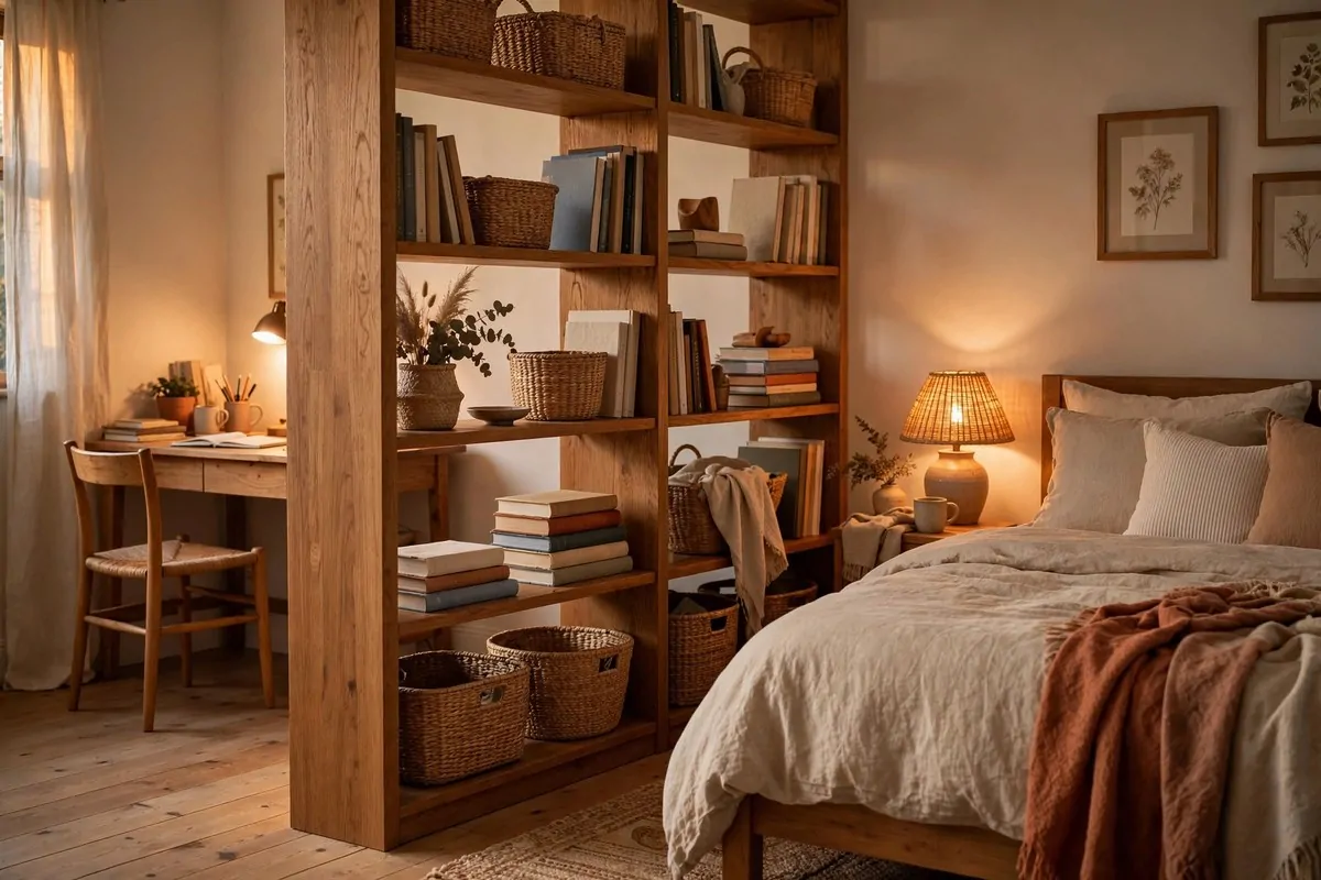 25 Bedroom Office Ideas That Keep Work Out of Sight 12 Desk placed with its back to a tall bookshelf divider in a bedroom