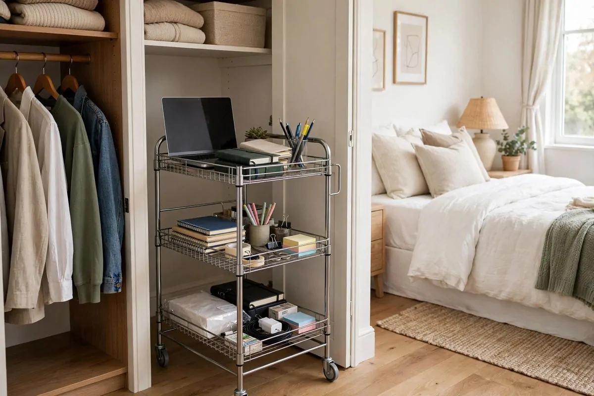 25 Bedroom Office Ideas That Keep Work Out of Sight 13 Rolling cart with office supplies parked inside a bedroom closet