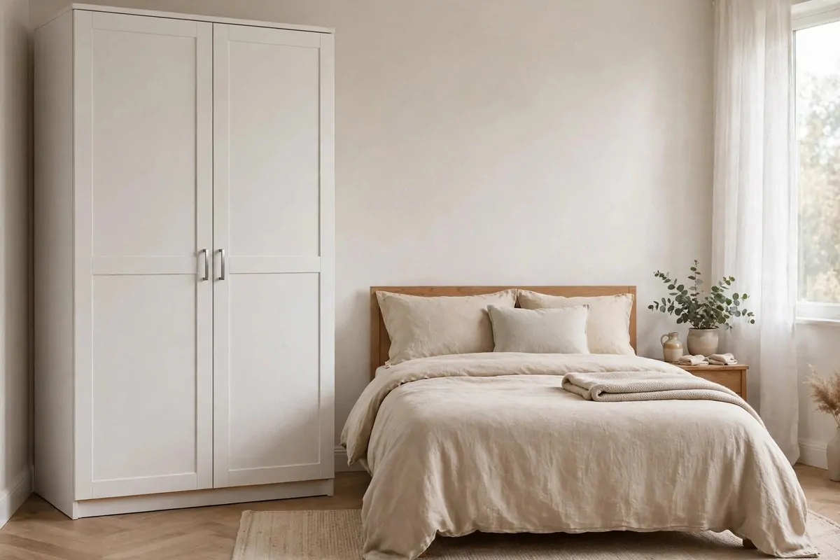 25 Bedroom Office Ideas That Keep Work Out of Sight 14 Wardrobe with doors closed hiding a desk setup inside a bedroom