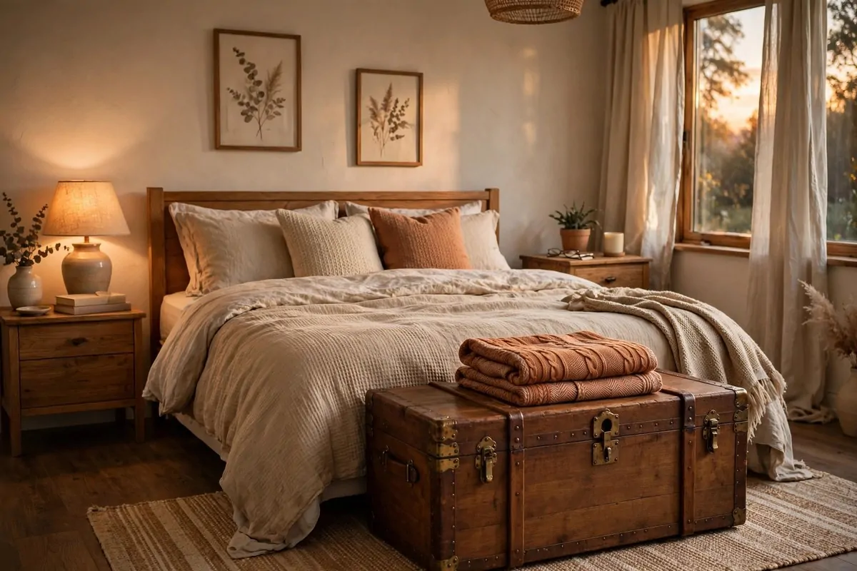 25 Bedroom Office Ideas That Keep Work Out of Sight 15 Storage trunk with a lift-top lid used as a desk in a bedroom, closed and styled