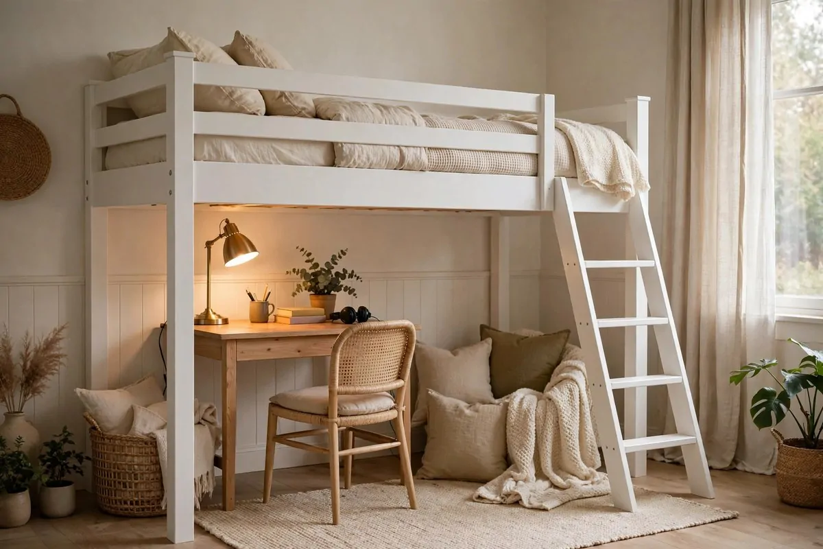 25 Bedroom Office Ideas That Keep Work Out of Sight 16 Loft bed with a desk and chair set up underneath in a bedroom