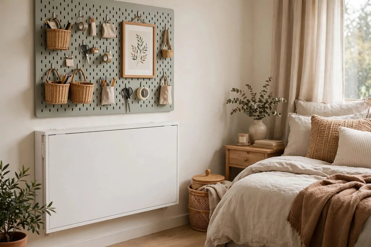 25 Bedroom Office Ideas That Keep Work Out of Sight 17 Wall-mounted fold-down desk with a pegboard organizer above it in a bedroom