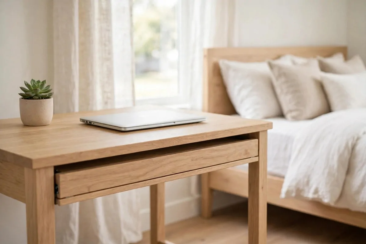 25 Bedroom Office Ideas That Keep Work Out of Sight 18 Bedroom desk with a pull-out keyboard tray pushed closed flush with the desktop