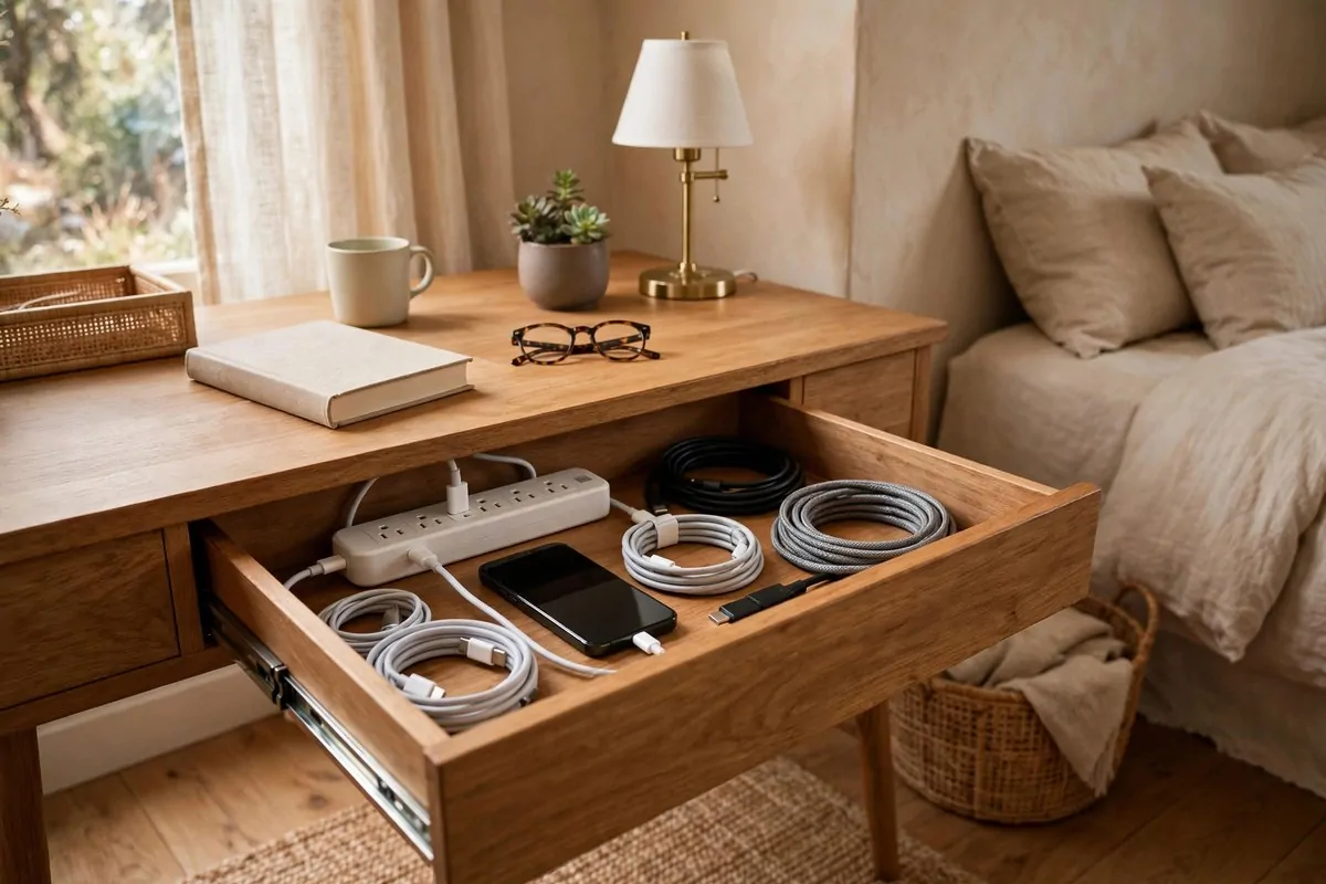 25 Bedroom Office Ideas That Keep Work Out of Sight 19 Desk drawer opened to show a hidden charging station with cables and devices inside