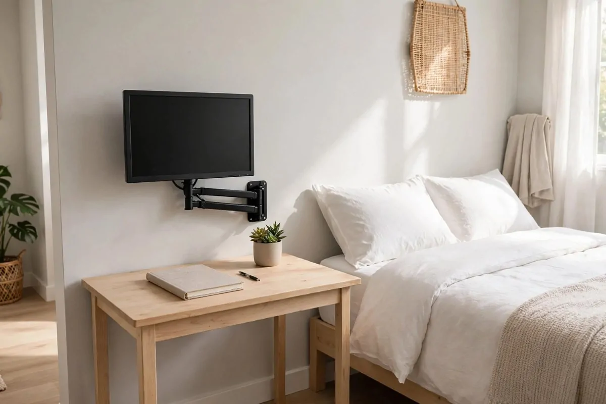 25 Bedroom Office Ideas That Keep Work Out of Sight 20 Bedroom desk with a monitor on a folding wall arm pushed flat against the wall