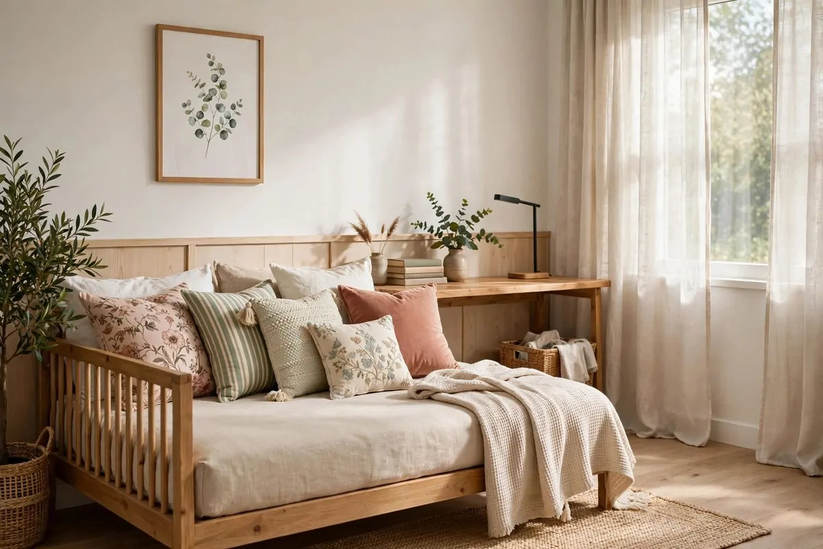 25 Bedroom Office Ideas That Keep Work Out of Sight 22 Daybed with cushions and a desk behind it in a bright guest bedroom