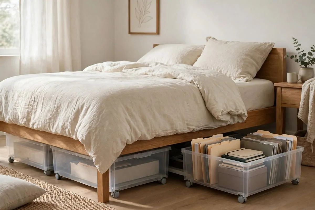 25 Bedroom Office Ideas That Keep Work Out of Sight 23 Flat storage boxes sliding under a bed in a tidy bedroom