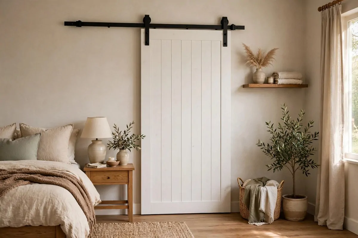 25 Bedroom Office Ideas That Keep Work Out of Sight 24 Sliding barn door panel covering a bedroom office nook with a desk behind it