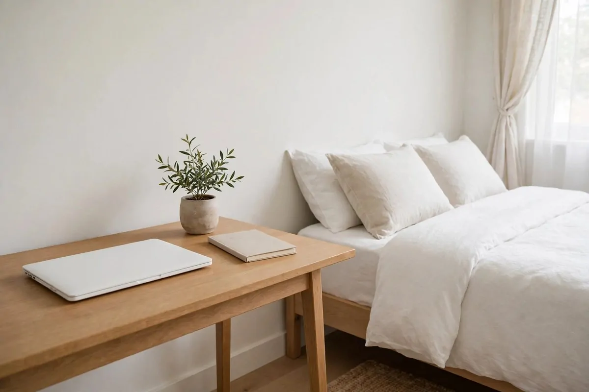 25 Bedroom Office Ideas That Keep Work Out of Sight 25 Minimalist bedroom desk with hidden cables, a laptop and a small plant, tidy and calm