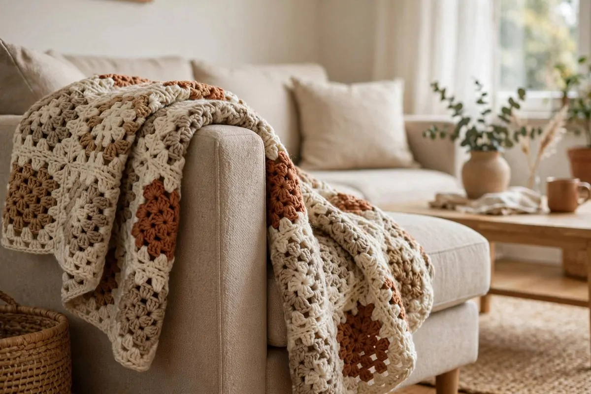 25 Crochet Home Decor Ideas to Make This Weekend 1 Chunky granny square crochet throw in cream and terracotta draped over a sofa arm