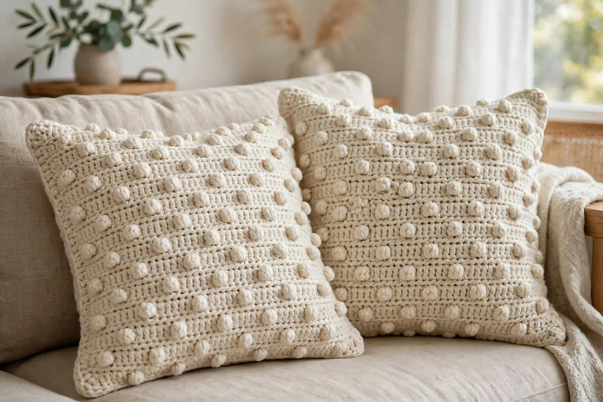 25 Crochet Home Decor Ideas to Make This Weekend 2 Cream bobble-stitch crochet cushion covers on a beige sofa