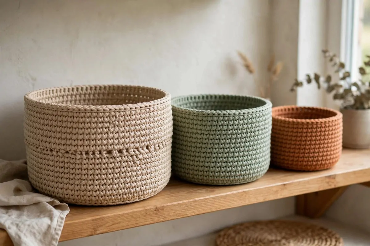 25 Crochet Home Decor Ideas to Make This Weekend 3 Three nested crochet storage baskets in natural tones on a wooden shelf