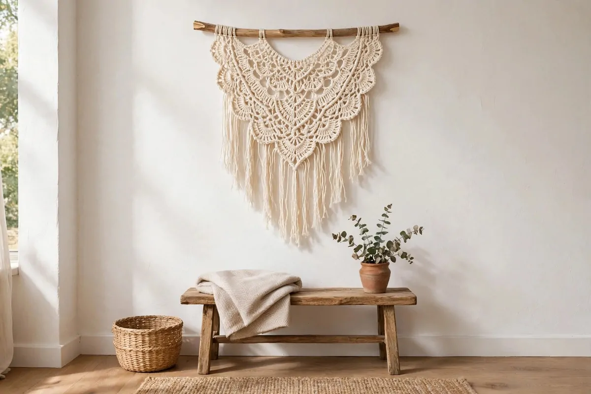 25 Crochet Home Decor Ideas to Make This Weekend 4 Boho cream crochet wall hanging with fringe on a wooden dowel