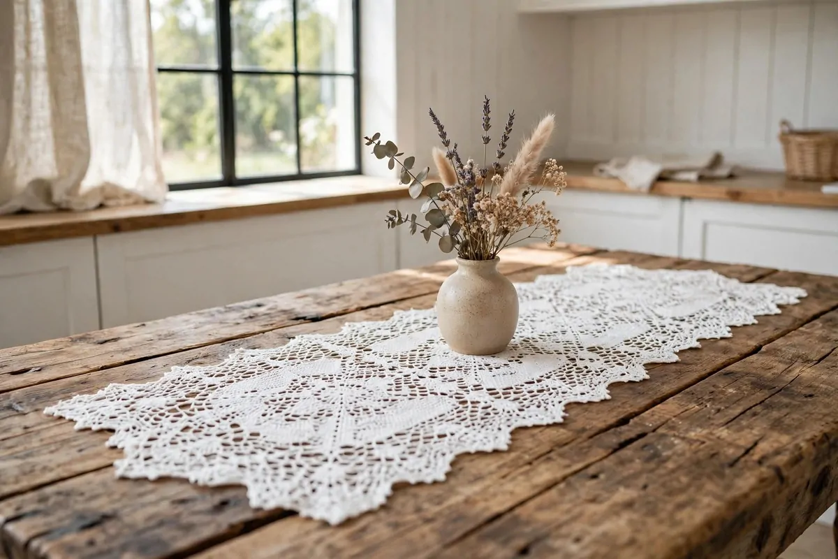 25 Crochet Home Decor Ideas to Make This Weekend 5 White lace crochet table runner on a wooden dining table with a small vase