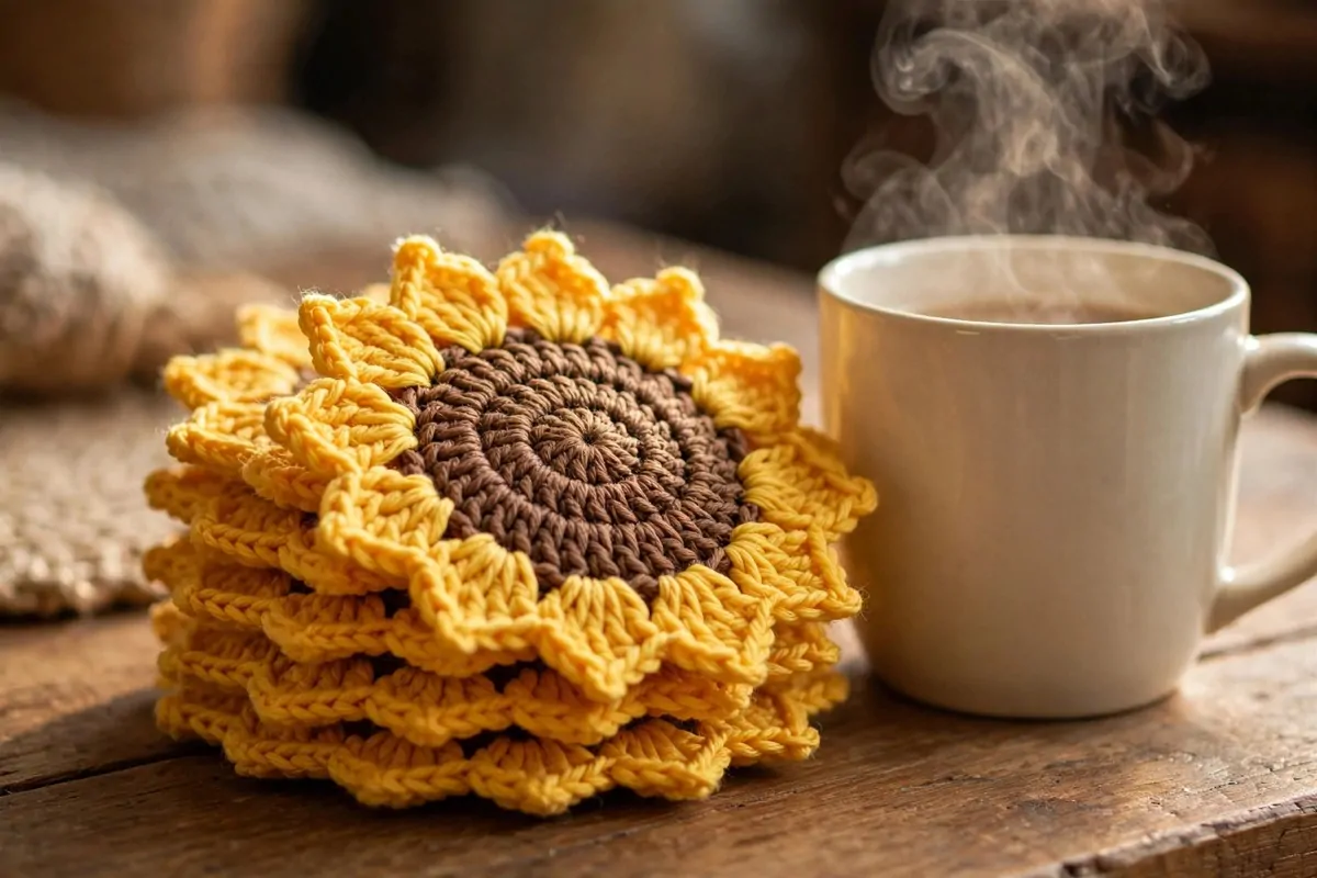 25 Crochet Home Decor Ideas to Make This Weekend 6 Yellow sunflower crochet coasters stacked on a wooden coffee table next to a mug