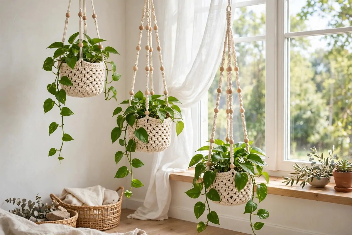 25 Crochet Home Decor Ideas to Make This Weekend 7 Crochet hanging planters with wooden beads holding green pothos plants near a bright window