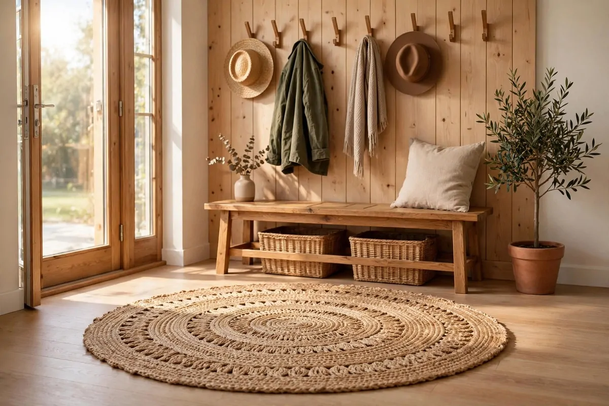 25 Crochet Home Decor Ideas to Make This Weekend 8 Round jute crochet rug on the floor of a bright entryway