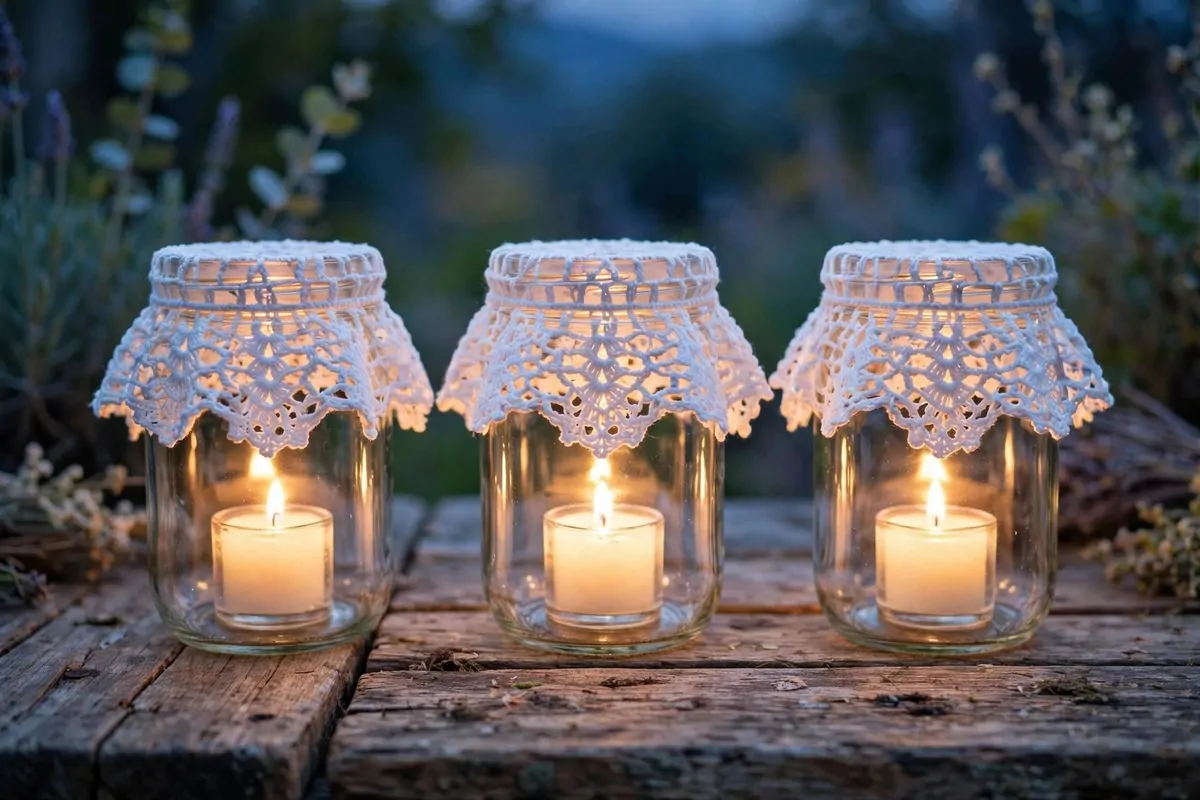 25 Crochet Home Decor Ideas to Make This Weekend 9 Lace crochet jar covers with glowing candles on a table at dusk