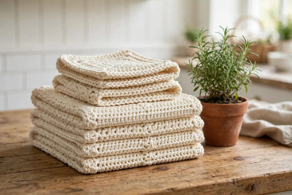 25 Crochet Home Decor Ideas to Make This Weekend 10 Cream cotton crochet dishcloths and potholders folded on a kitchen counter