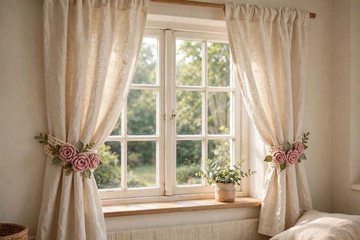 25 Crochet Home Decor Ideas to Make This Weekend 11 Crochet rose curtain tiebacks with green leaves holding back cream curtains