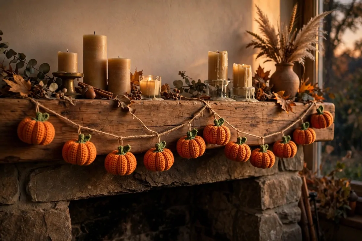 25 Crochet Home Decor Ideas to Make This Weekend 12 Mini orange crochet pumpkin garland strung on twine across a mantel