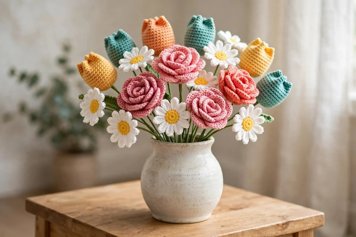25 Crochet Home Decor Ideas to Make This Weekend 13 Crochet flower bouquet in a ceramic vase on a wooden table
