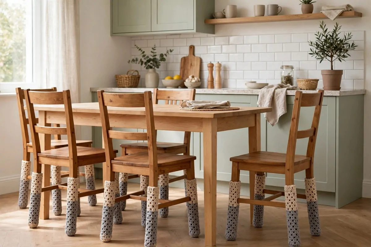 25 Crochet Home Decor Ideas to Make This Weekend 14 Dining chairs with cute crochet covers on the chair legs in a kitchen