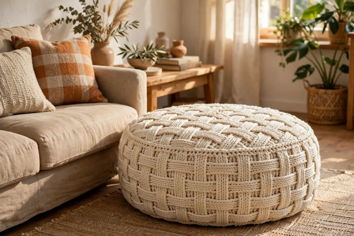 25 Crochet Home Decor Ideas to Make This Weekend 15 Ottoman with a bold textured crochet cover in a living room