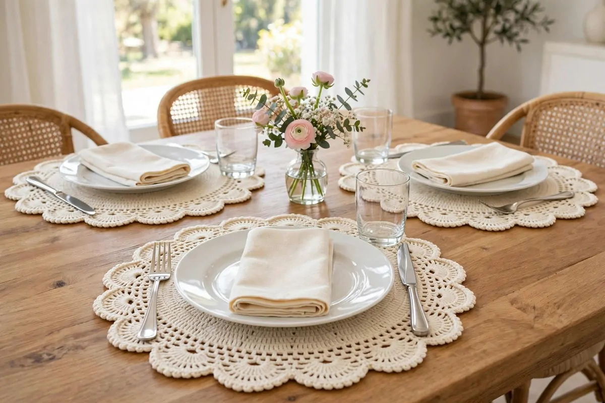 25 Crochet Home Decor Ideas to Make This Weekend 16 Scalloped-edge crochet placemats on a set dining table