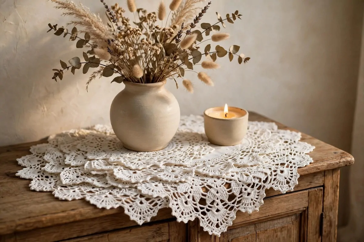 25 Crochet Home Decor Ideas to Make This Weekend 17 White vintage crochet doilies layered under vases on a sideboard