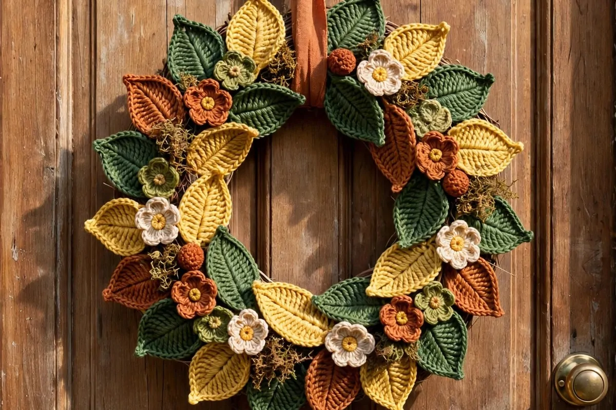 25 Crochet Home Decor Ideas to Make This Weekend 18 Crochet leaf and flower wreath on a front door