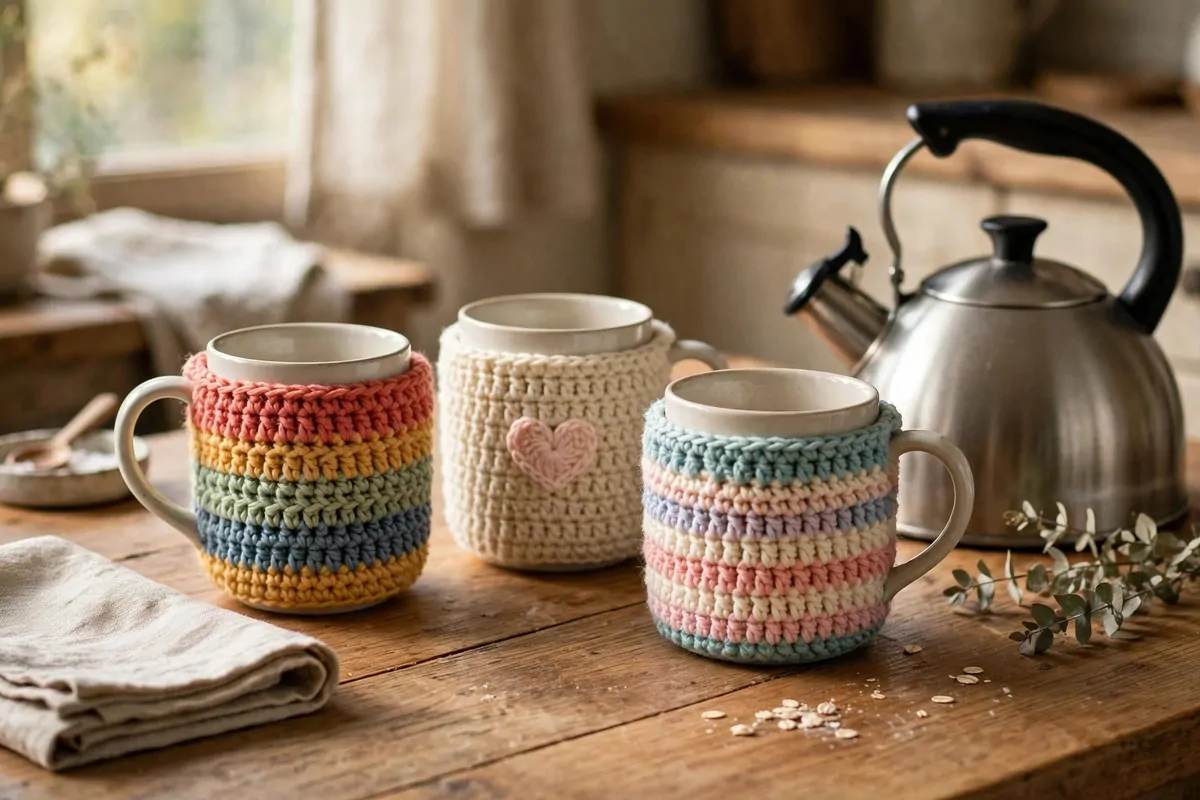 25 Crochet Home Decor Ideas to Make This Weekend 20 Knitted-look crochet mug cozies on mugs on a kitchen table