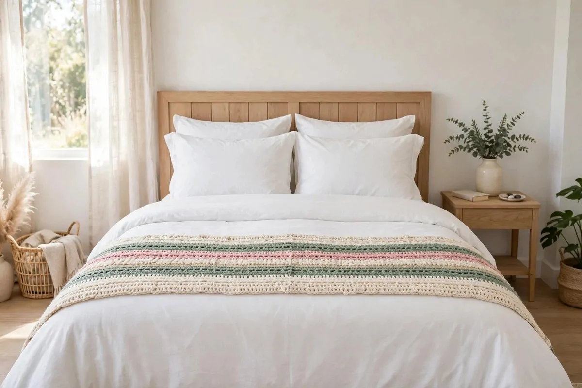 25 Crochet Home Decor Ideas to Make This Weekend 21 Striped crochet bed runner at the foot of a neatly made bed