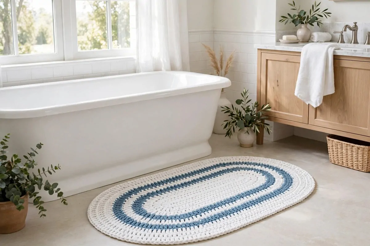 25 Crochet Home Decor Ideas to Make This Weekend 22 Oval cotton crochet bath mat beside a bathtub
