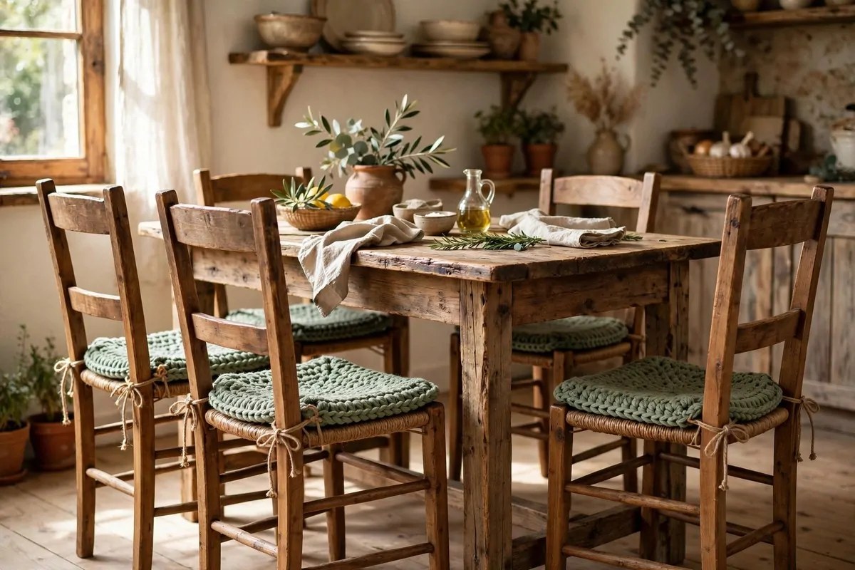 25 Crochet Home Decor Ideas to Make This Weekend 23 Thick crochet seat pads tied on wooden dining chairs