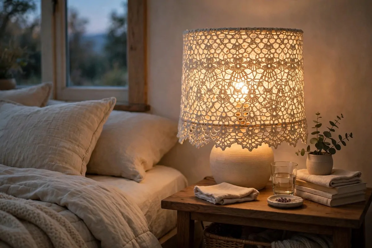 25 Crochet Home Decor Ideas to Make This Weekend 24 Table lamp with a cream crochet lace cover on the shade