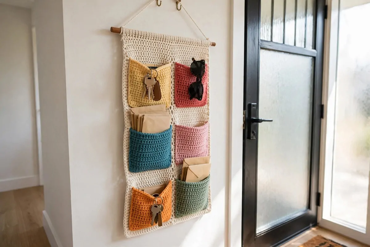 25 Crochet Home Decor Ideas to Make This Weekend 25 Crochet wall organizer with pockets holding keys and mail near a front door