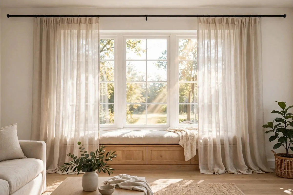 25 Home Design Ideas Designers Swear By 1 Floor-to-ceiling linen curtains mounted near the ceiling in a bright living room
