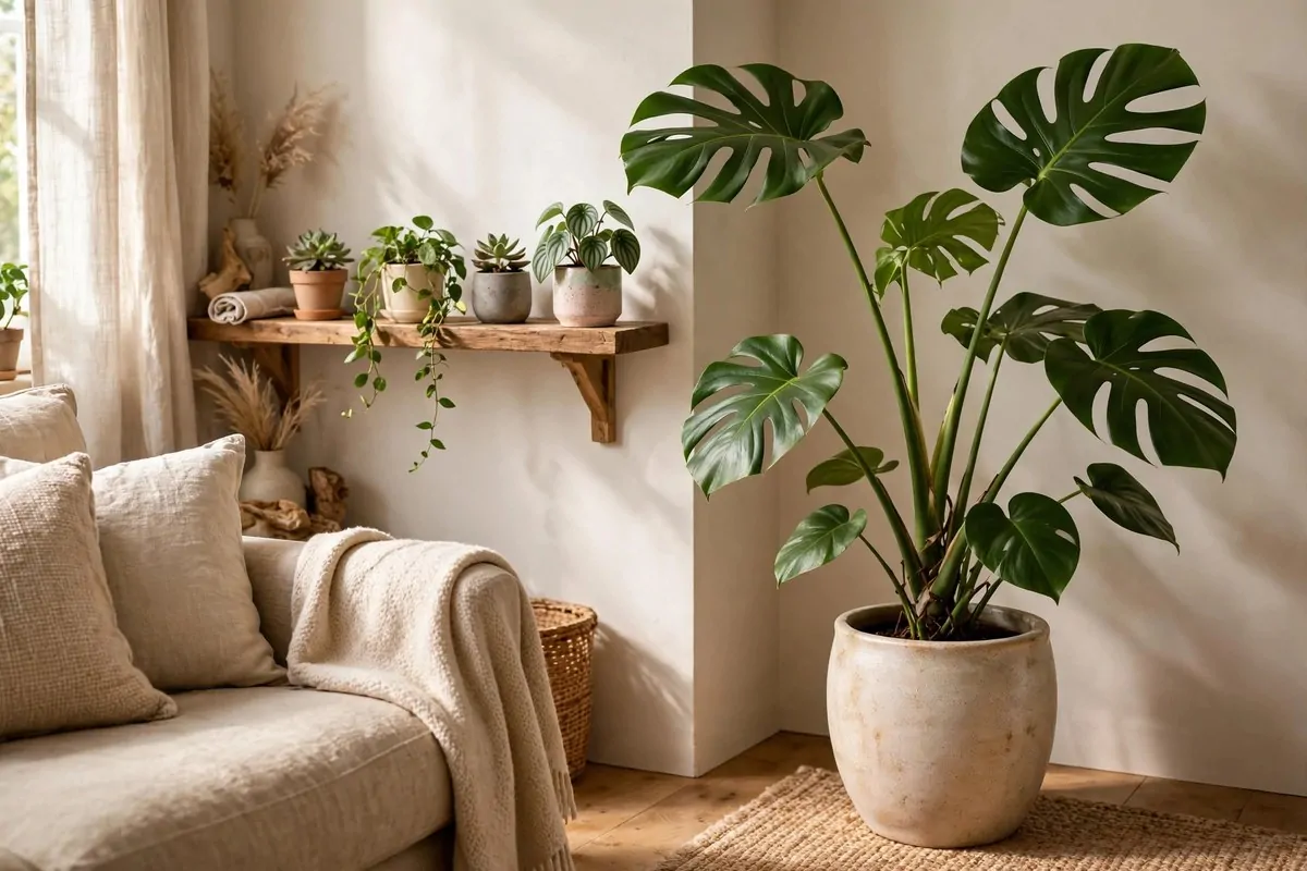 25 Home Design Ideas Designers Swear By 4 Sunlit living room corner with a tall monstera plant and small potted plants on shelves