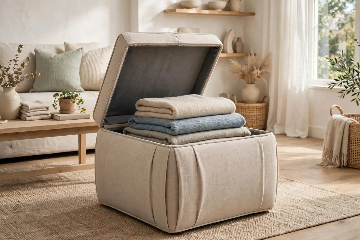 25 Home Design Ideas Designers Swear By 5 Storage ottoman with the lid open showing folded blankets inside a tidy living room