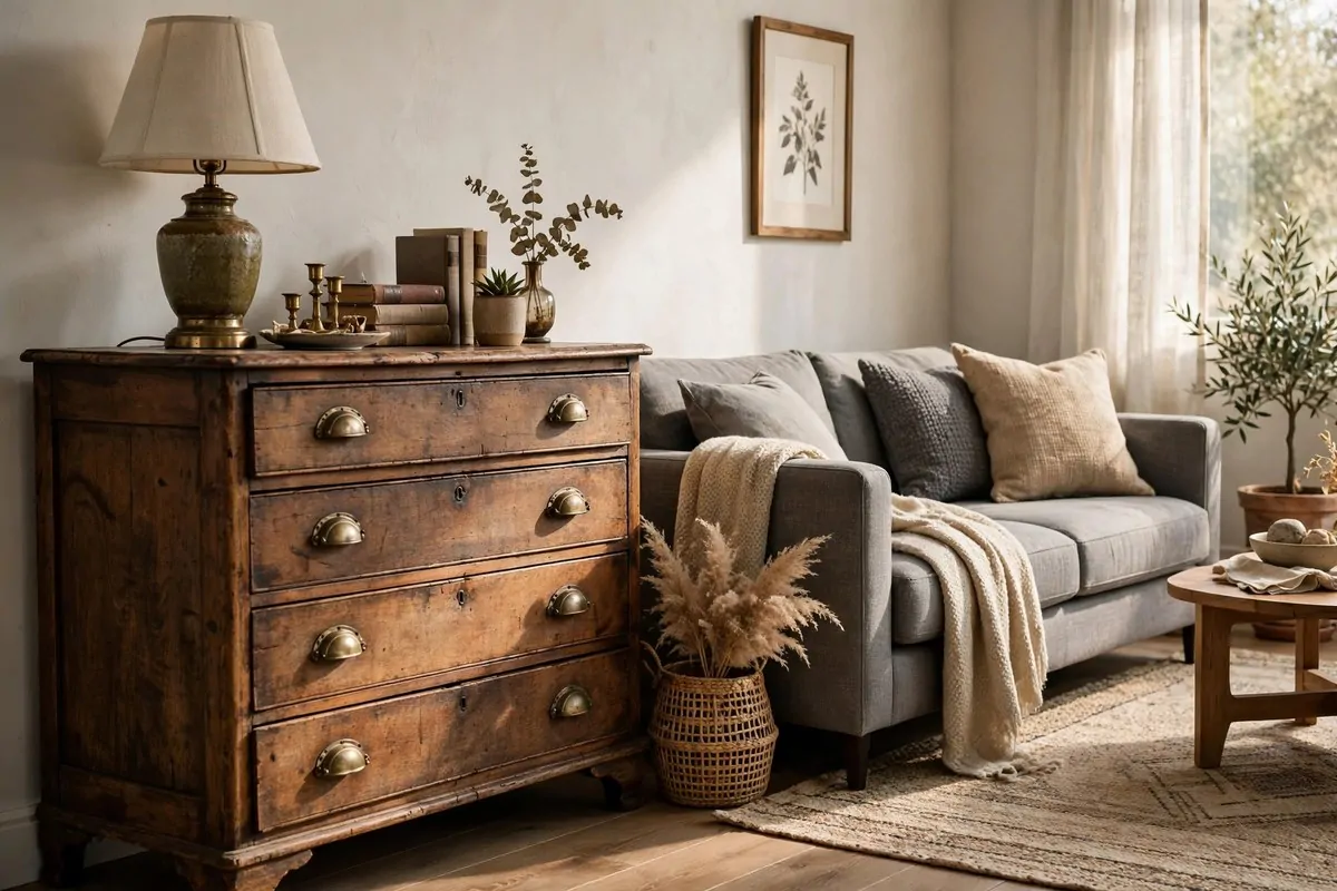 25 Home Design Ideas Designers Swear By 6 Antique wooden dresser beside a modern gray sofa in a stylish living room