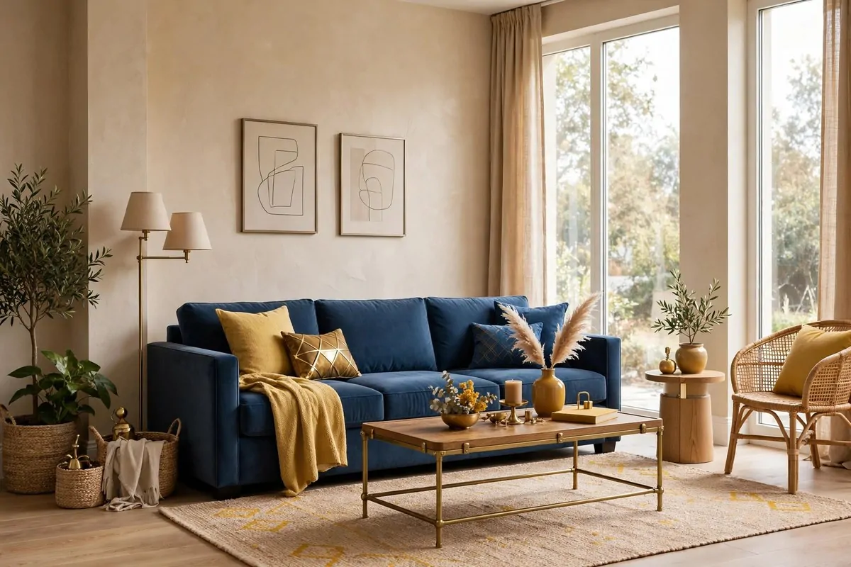 25 Home Design Ideas Designers Swear By 7 Living room in beige walls with a blue sofa and brass accents following a balanced color palette