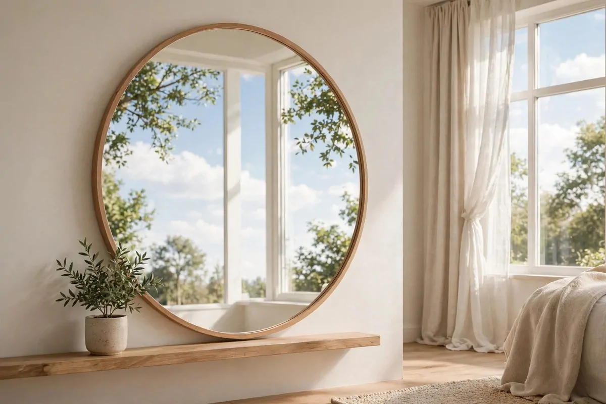 25 Home Design Ideas Designers Swear By 8 Large round mirror on a wall reflecting daylight from the opposite window