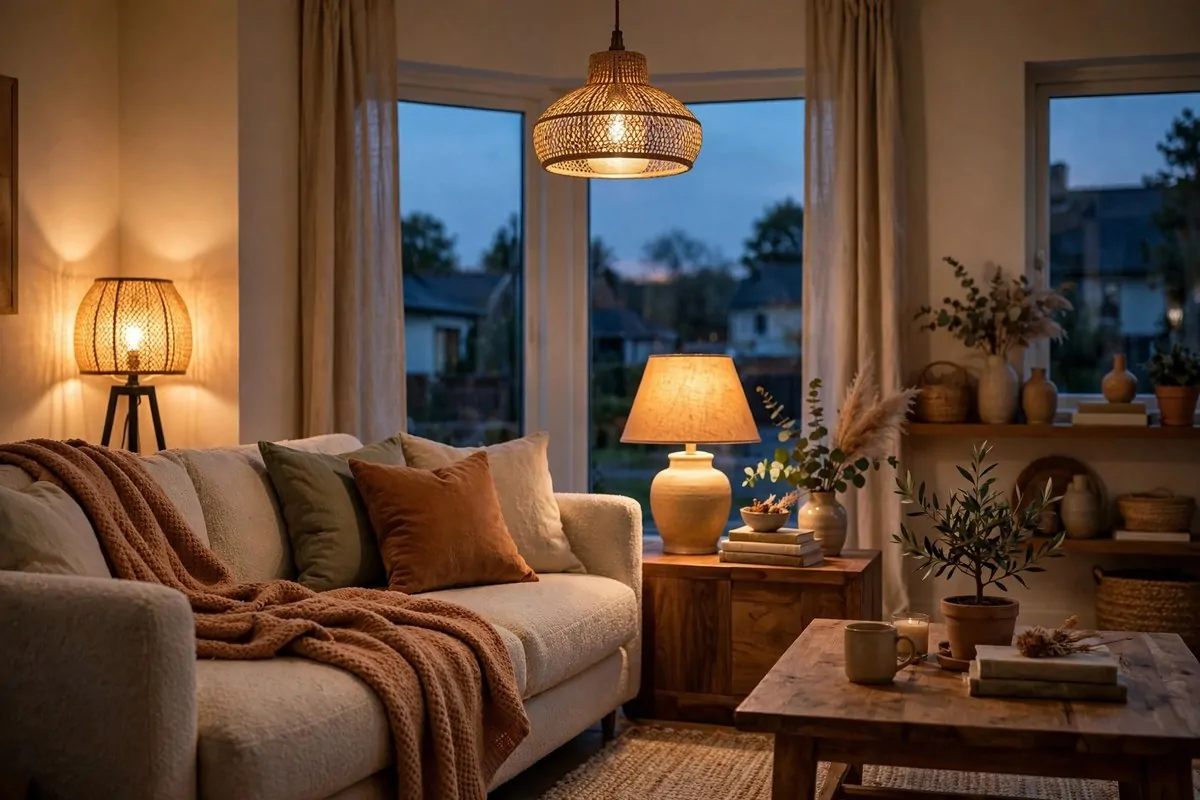 25 Home Design Ideas Designers Swear By 9 Cozy living room with a floor lamp, table lamp and pendant light all glowing warmly