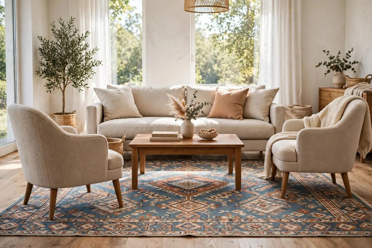 25 Home Design Ideas Designers Swear By 11 Sofa and armchairs with front legs resting on a large patterned area rug