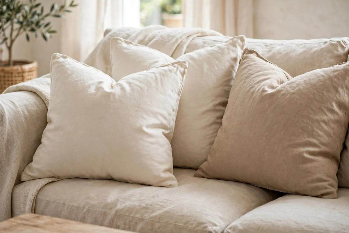 25 Home Design Ideas Designers Swear By 14 Plump full throw pillows arranged on a linen sofa in a bright living room