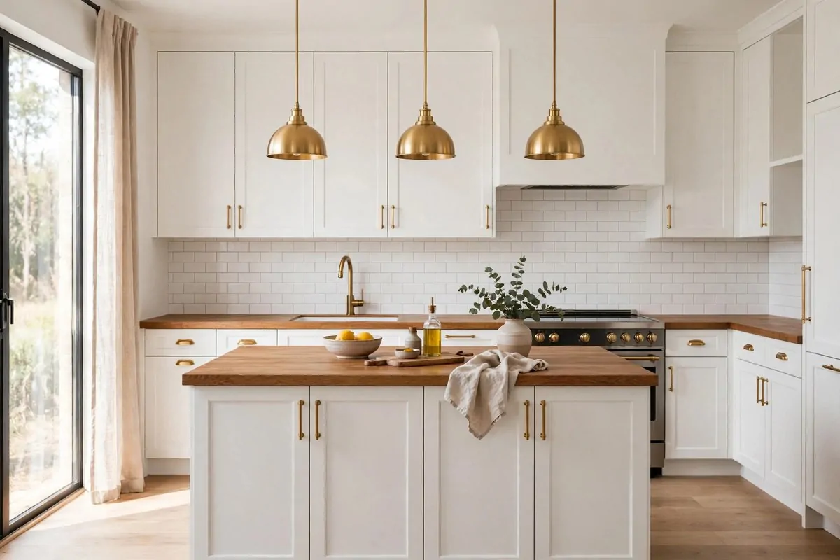 25 Home Design Ideas Designers Swear By 15 Kitchen with matching brass cabinet pulls, faucet and light fixtures in a cohesive finish