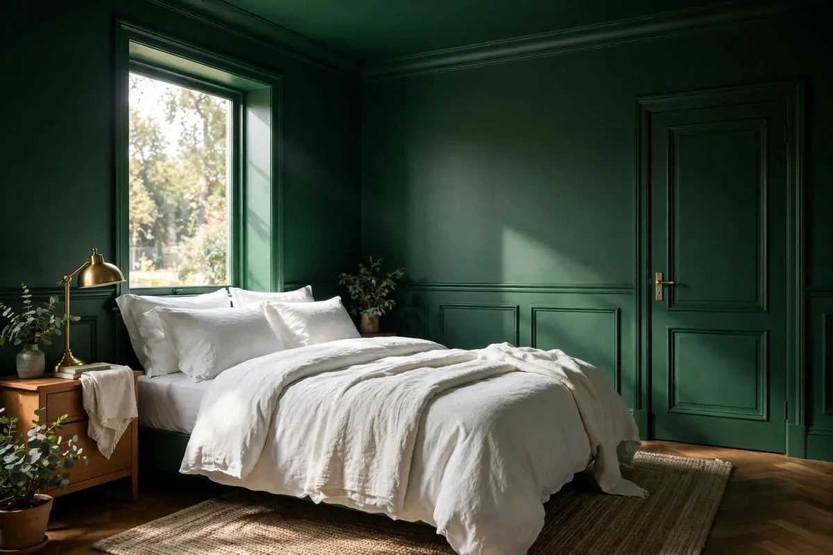 25 Home Design Ideas Designers Swear By 16 Bedroom drenched in deep green paint on walls, trim and ceiling with matching bedding