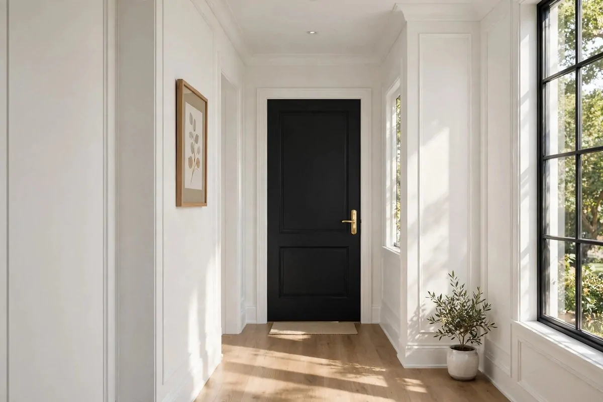 25 Home Design Ideas Designers Swear By 17 Bold charcoal painted interior door in a bright hallway with white walls